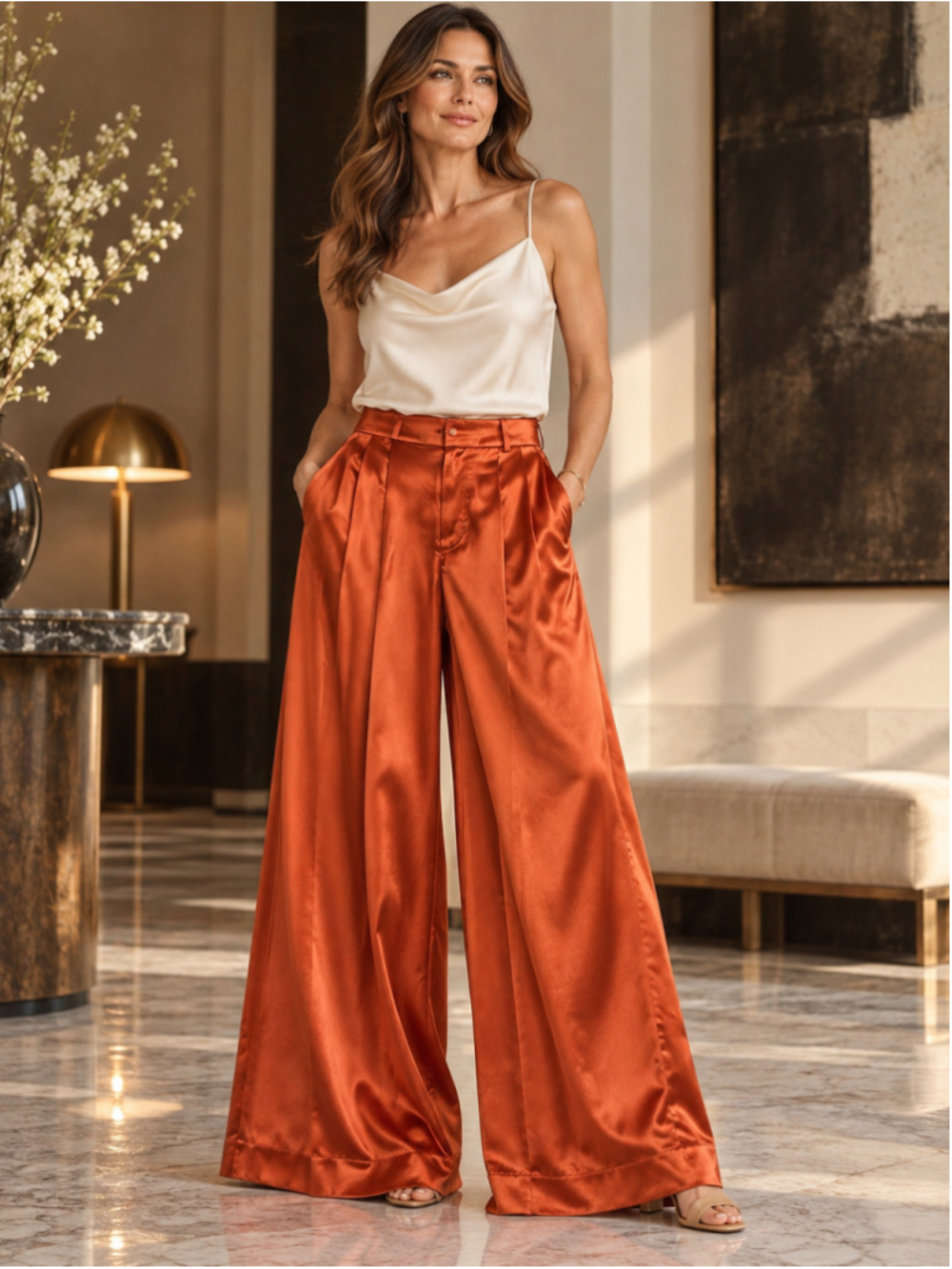 100% Silk Pants Women 12L Banana Republic Belay Wide Leg Luxury 70s Disco Orange